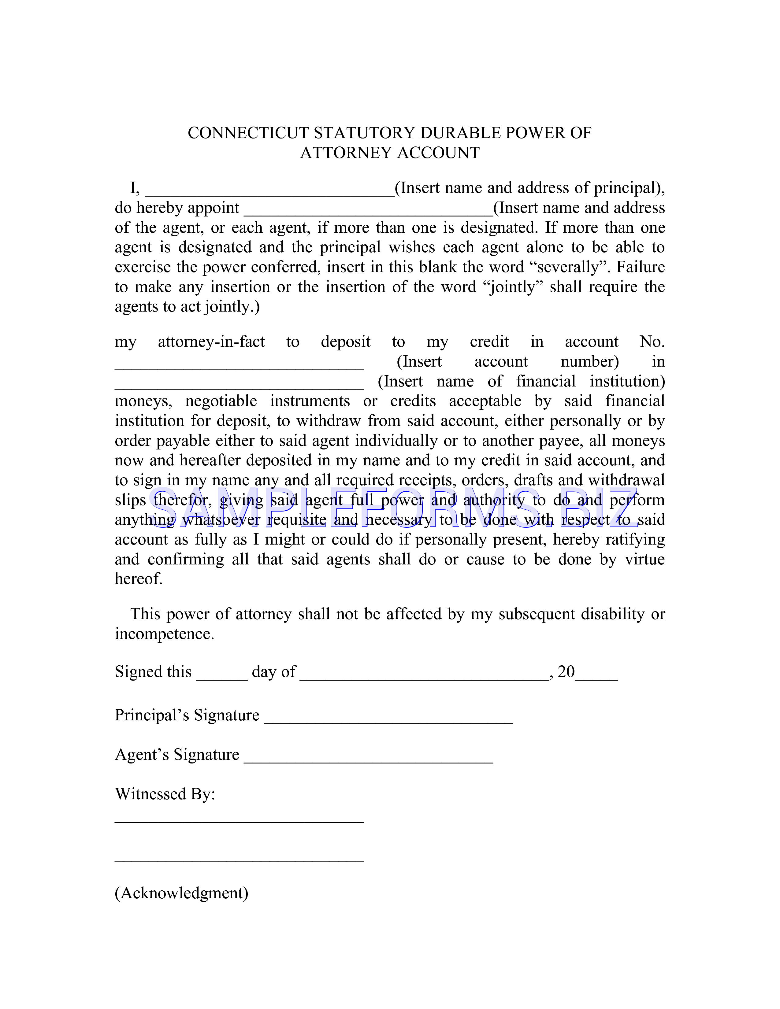Preview free downloadable Connecticut Statutory Durable Power of Attorney Account Form in PDF (page 1)