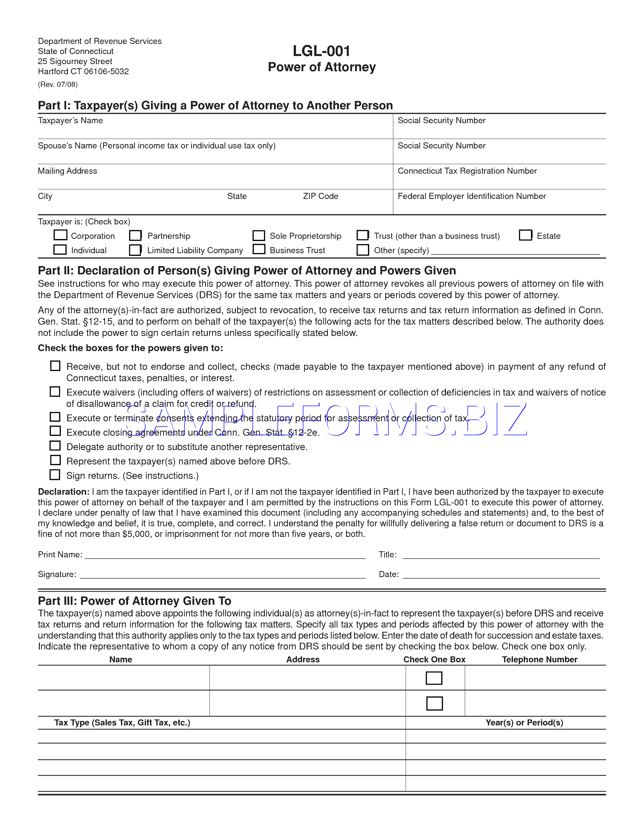 Preview free downloadable Connecticut Tax Power of Attorney Form in PDF (page 1)